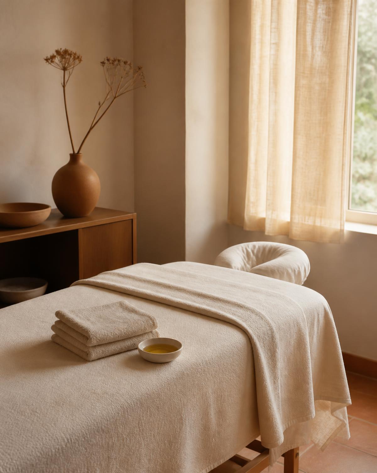 A calm, private massage treatment room with warm linens and soft natural light