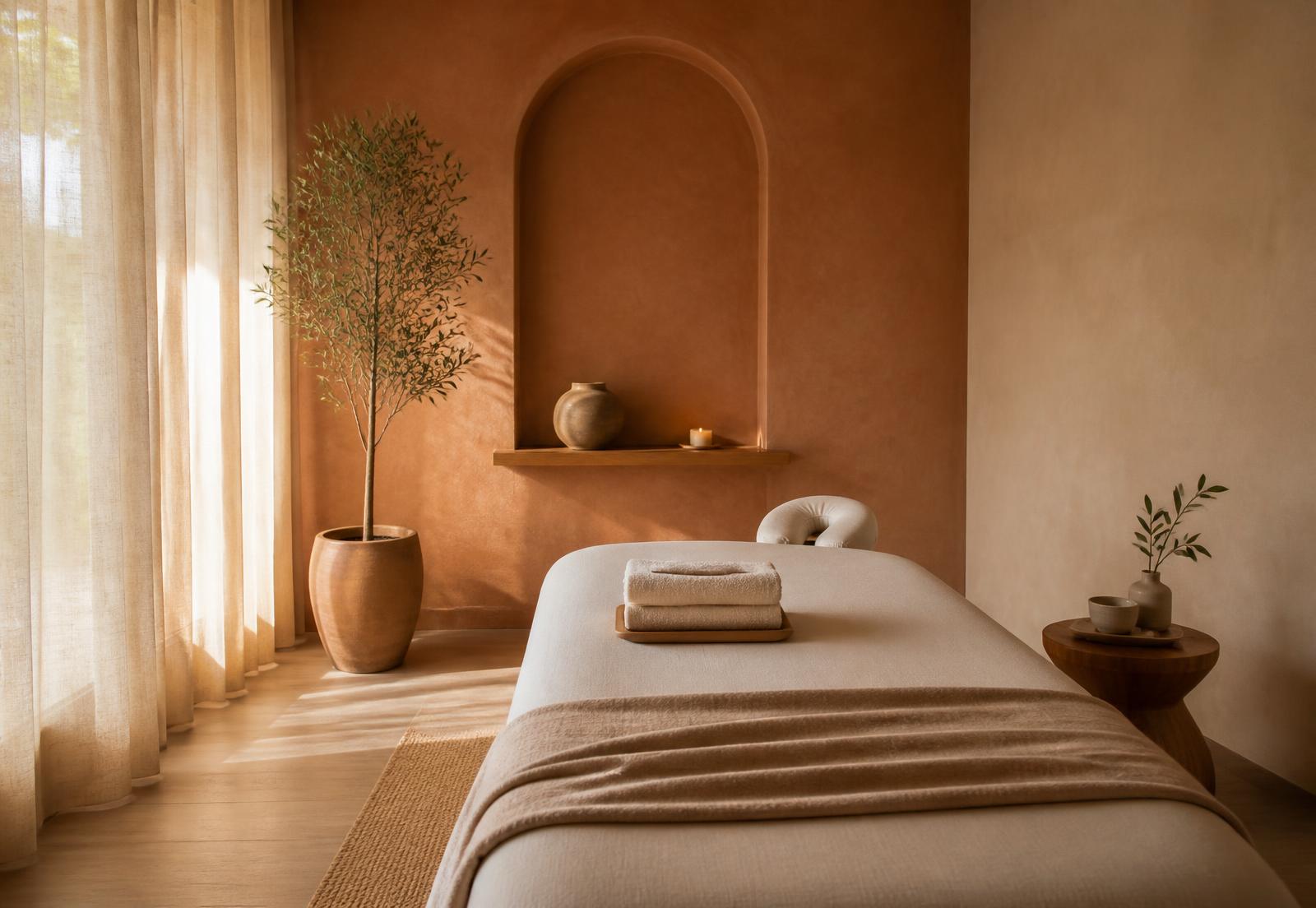 Treatment room with a dressed massage table, warm walls, and soft daylight